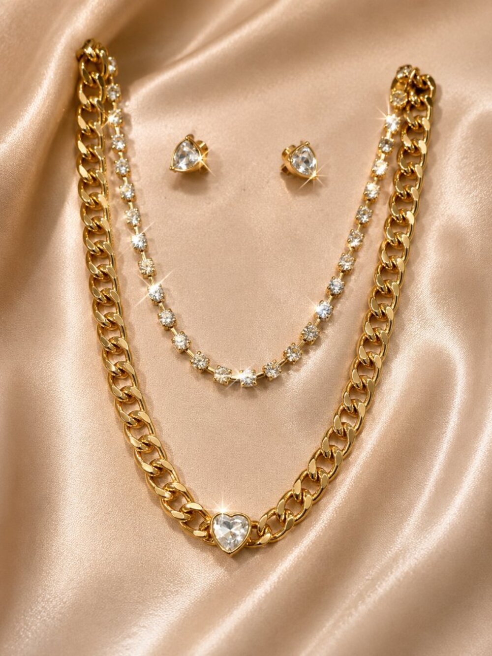 Daisy Fuentes Gold Layered Crystal Necklace & Stud Earrings Set Heart Statement